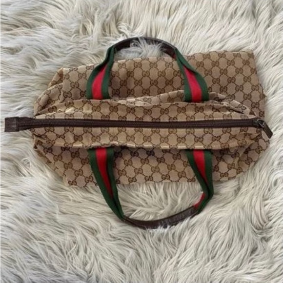 GUCCI Web Strap GG Monogram Zip Top Sherry Line Shopper Tote - Picture 3 of 12